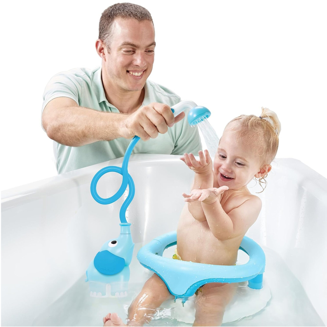 Doccetta bagnetto neonato a forma di elefantino azzurro Yookidoo che spruzza acqua dalla proboscide