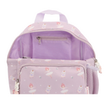 Interno di zainetto asilo bimba lilla con tasca interna e spazio organizzato, decorato con ballerine - zaino asilo capiente e funzionale per bambine