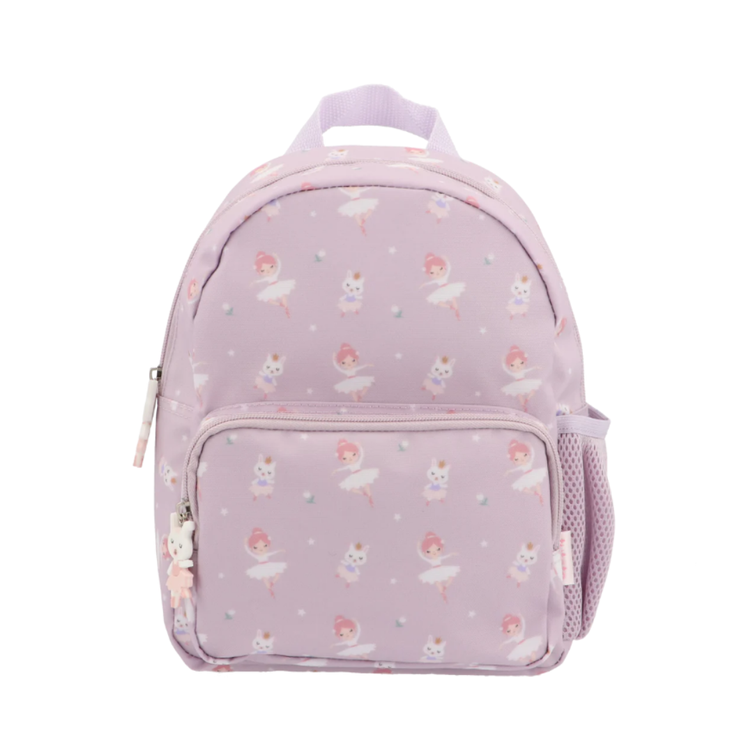 Zainetto asilo bimba color lilla con stampe di ballerine, vista frontale - zaino asilo leggero e colorato per bambine