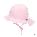 cappello estivo bambina in cotone rosa chiaro con tesa larga e cinturino regolabile.